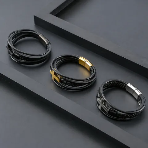 Vintage Mens Braided Leather Bracelet With Stainless Steel Cross Charm Multilayer Wristband Jewelry Magnetic Clasp Punk Style