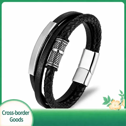 Herren Mehrschichtiges Geflochtenes Lederarmband Mit Edelstahl Magnetverschluss Punk Minimalistisch Geometrischer Schmuck Armreif Geschenk