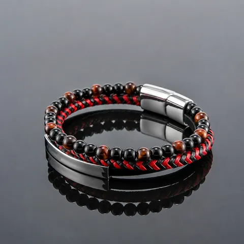 Herren Mehrschichtig Geflochtenes Lederarmband Natur Lavastein Edelstahl Magnetverschluss Punk Schmuck Geschenk Für Männer