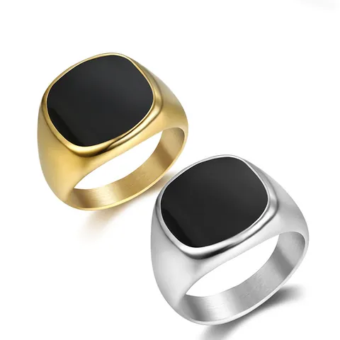 Anello a Sigillo Hip Hop in Acciaio al Titanio Colore Oro Argento Acciaio Inossidabile Smalto Nero Anello Quadrato per Uomo Gioielli Unisex