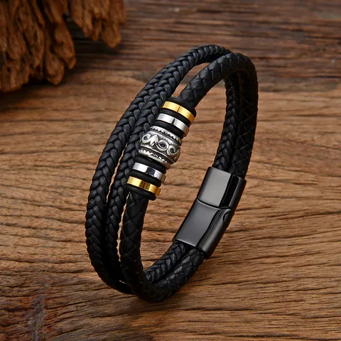 Herren Vintage Mehrlagiges Geflochtenes Lederarmband Mit 316L Edelstahl Magnetverschluss Punk Handschmuck Geschenk