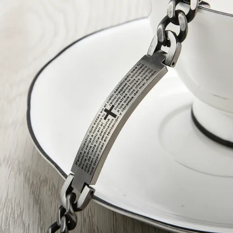 Retro Edelstahl Kreuz Spanisches Vaterunser Inschrift Panzerkette Armband Für Herren Religiöser Schmuck Geschenk