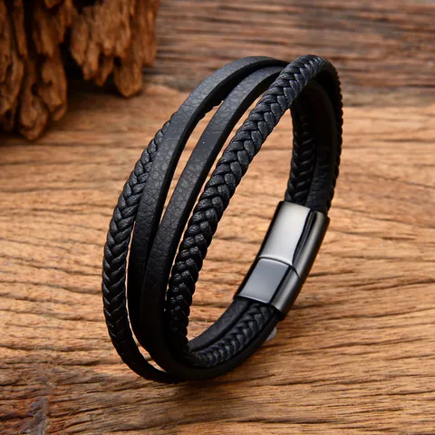Multi-Layer Black Cowhide Leather Braided Bracelet 316L Stainless Steel Magnetic Clasp Hand-Woven Men's Fashion Jewelry