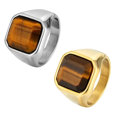 Anello Sigillo da Uomo in Acciaio Inossidabile Placcato Oro Argento Quadrato con Pietra Occhio di Tigre Agata Nera Intarsiata Gioielli Business per Uomo