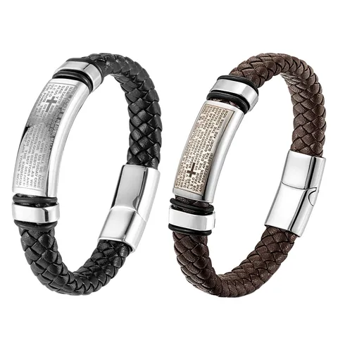 Bracciale da Uomo in Pelle Intrecciata Con Croce in Acciaio Inossidabile Versetto Biblico del Padre Nostro Chiusura Magnetica Gioielli Vintage