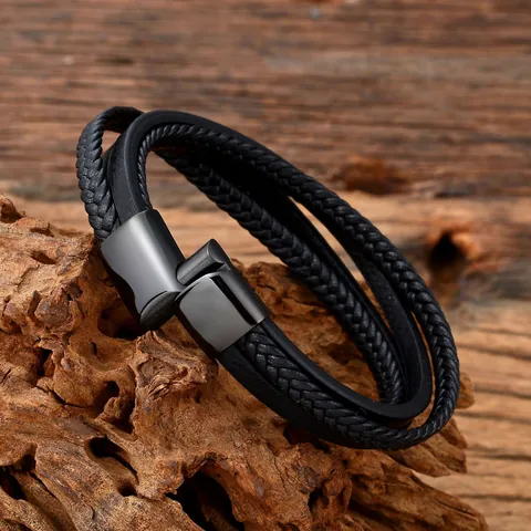 Multi-Layer Black Cowhide Leather Braided Bracelet 316L Stainless Steel Magnetic Clasp Hand-Woven Men's Fashion Jewelry