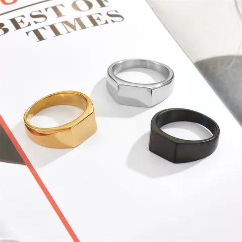 Anello a Sigillo in Acciaio Inossidabile 316L Minimalista da Uomo Parte Superiore Piatta Rettangolare Lucido Anello Geometrico Oro Argento Nero Gioielli