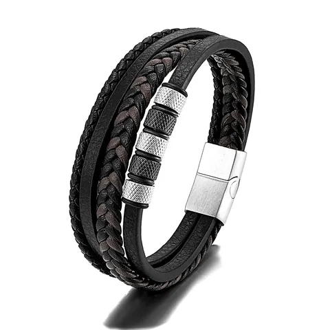 Herren Mehrlagiges Geflochtenes Lederarmband Mit 316L Edelstahl Magnetverschluss Punk Stil Perlen Handkette Armband Schmuck