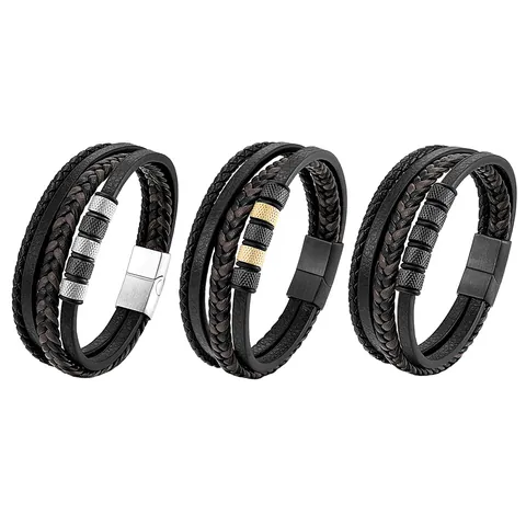 Herren Mehrlagiges Geflochtenes Lederarmband Mit 316L Edelstahl Magnetverschluss Punk Stil Perlen Handkette Armband Schmuck