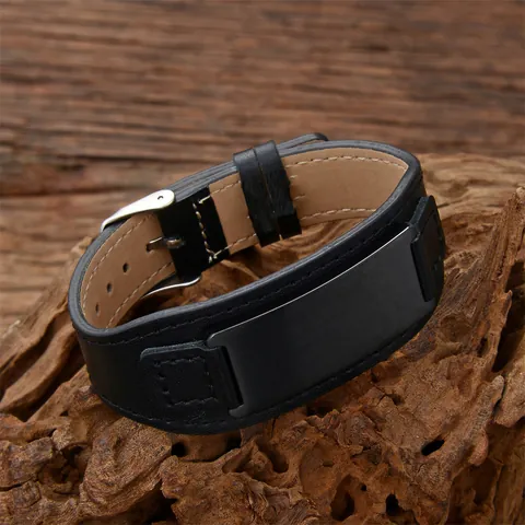 Verstellbares Herren Armband Aus Echtem Leder Mit 316L Edelstahl ID-Platte Retro-Punk-Stil Mode Schmuck Armreif