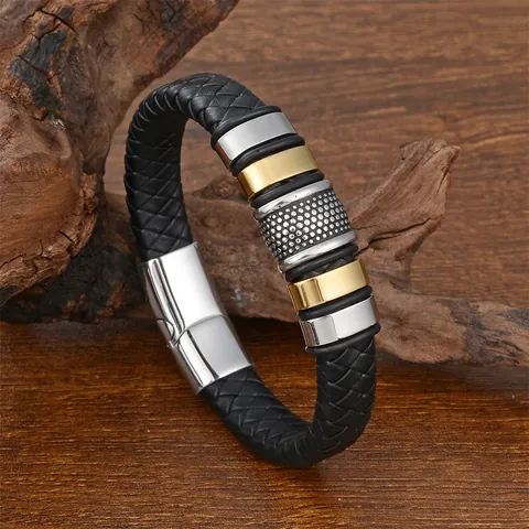 Men Braided Split Leather Bracelet Stainless Steel Magnetic Clasp Gold Silver Metal Rings Punk Business Fashion Jewelry
