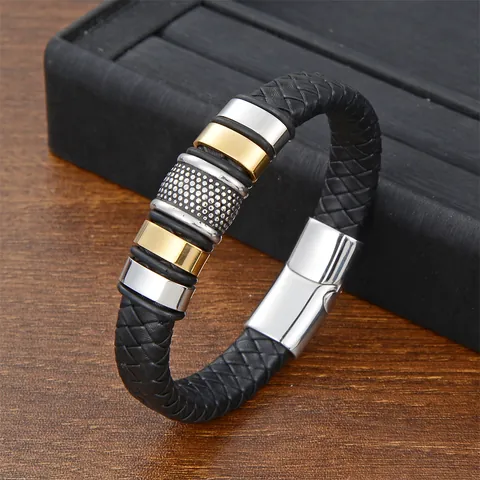 Men Braided Split Leather Bracelet Stainless Steel Magnetic Clasp Gold Silver Metal Rings Punk Business Fashion Jewelry