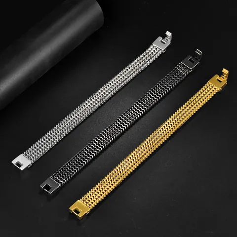 Bracciale a Doppia Fila Intrecciato in Acciaio Inossidabile da Uomo Punk Hip Hop Catena Franco Gioielli Moda Regalo per Maschio Oro Nero
