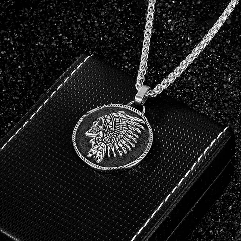 Vintage Indian Chief Skull Pendant Necklace Men Stainless Steel Wheat Chain Retro Punk Hip Hop Biker Jewelry Ornament