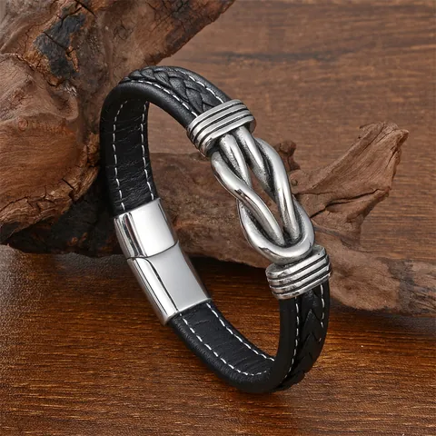 Men Braided Leather Bracelet Stainless Steel Magnetic Clasp Punk Vintage Multilayer Wrap Wristband Jewelry Gift