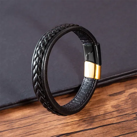 Braccialetto da Uomo Casual in Pelle Intrecciata Con Chiusura Magnetica Fatto a Mano Nero Blu Oro Placcato Gioielli in Lega per Uomo Regalo Business Quotidiano