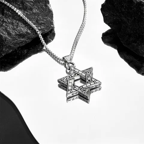 Vintage Stainless Steel Hexagram Pendant Necklace For Men Double Sided Solid Star Of David Etched Pattern Jewelry