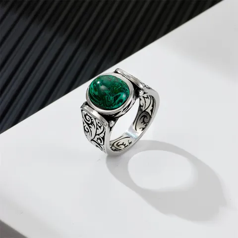 Herren Vintage Edelstahl Malachit Ring Retro Graviertes Rankenmuster Grüner Naturstein Fingerring Schmuck Zubehör Geschenk