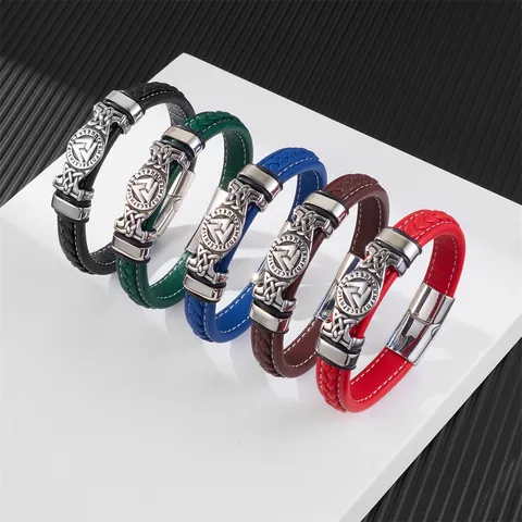 Bracciale Vintage da Uomo in Pelle Intrecciata Acciaio Inossidabile Simbolo Vichingo Valknut Rune Chiusura Magnetica Gioielli Nordici