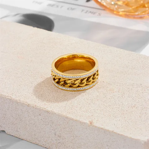 Anello Ruotabile a Maglia Cubana Con Doppia Fila di Zirconi in Acciaio Inossidabile al Titanio Anello Antistress Hip Hop Uomo Donna