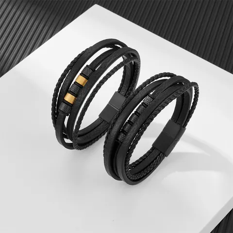 Herren Mehrlagiges Geflochtenes Lederarmband Mit Edelstahl Magnetverschluss Punk Street Style Perlen Schmuck Als Geschenk