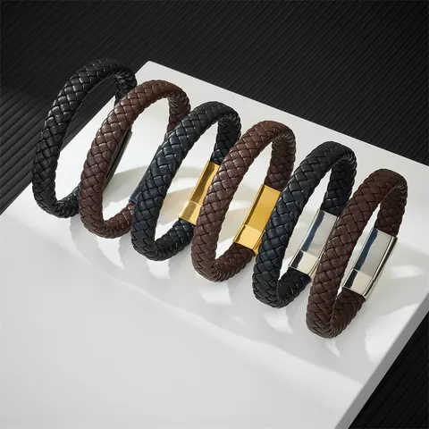 Bracciale in Pelle Intrecciata Con Fibbia Magnetica in Acciaio Inossidabile per Uomo Donna Unisex Gioielli di Moda Vintage