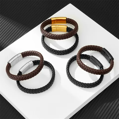 Bracciale in Pelle Intrecciata Con Fibbia Magnetica in Acciaio Inossidabile per Uomo Donna Unisex Gioielli di Moda Vintage