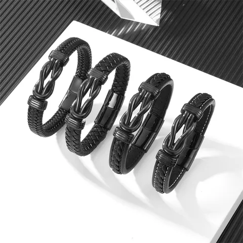 Bracciale da Uomo in Pelle Intrecciata Nera Con Chiusura Magnetica in Acciaio Inossidabile Simbolo Infinito Punk Gioielli