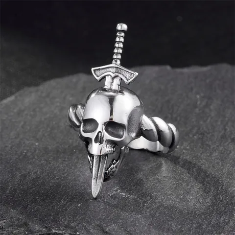 Bague Homme en Acier Inoxydable Tête de Mort et Épée Vintage Gothique Punk Rock Anneau Torsadé Bijoux Cadeau