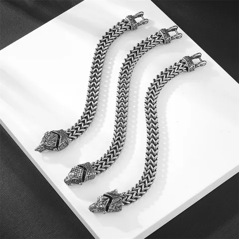 Bracciale a Catena Intrecciata in Acciaio Inossidabile 316L Vichingo per Uomo Testa di Lupo Serpente Aquila Punk Gioielli