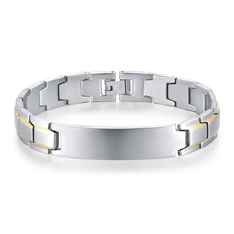 Men's Stainless Steel ID Bracelet Two-tone Black Gold Silver Link Chain Bangle With Curved Plate Minimalist Industrial Style Fashion Jewelry