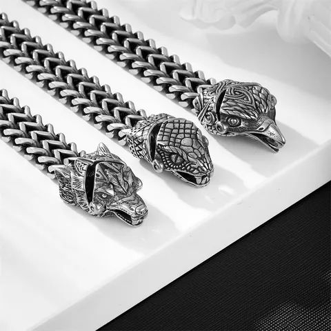 Bracciale a Catena Intrecciata in Acciaio Inossidabile 316L Vichingo per Uomo Testa di Lupo Serpente Aquila Punk Gioielli