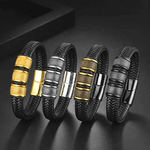 Bracciale Pelle Uomo Acciaio Inossidabile Chiusura Magnetica Fatto Mano Puntinato Business Punk Casual Manichetta Gioielli