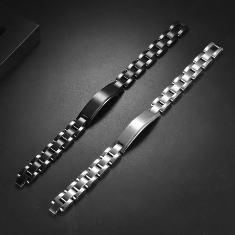 Men Business Stainless Steel Bracelet Matte Curved ID Plate Fashion Jewelry Black Silver Wristband Link Chain Accessory