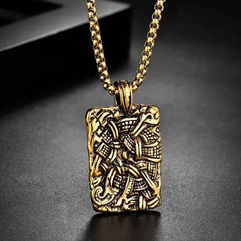 Retro Viking Rectangular Relief Pendant Necklace For Men Stainless Steel Distressed Celtic Knot Punk Gothic Jewelry Gift