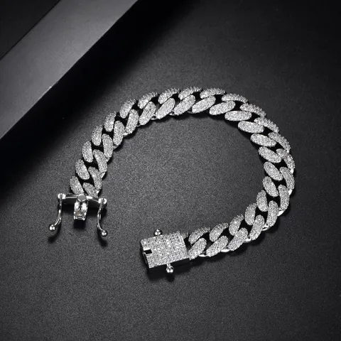 Pulsera de Cadena Cubana Iced Out de Cobre Chapado en Oro Blanco Micro Pavé Zirconia Hip Hop Street Joyería para Hombres Mujeres