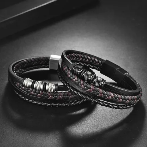 Men Fashion Multi Layer Braided Microfiber Leather Bracelet With Stainless Steel Magnetic Clasp Punk Style Jewelry Gift