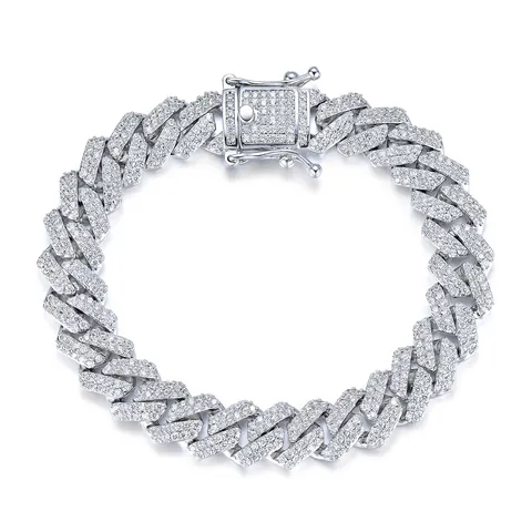 Pulsera de Cadena Cubana Iced Out de Cobre Chapado en Oro Blanco Micro Pavé Zirconia Hip Hop Street Joyería para Hombres Mujeres