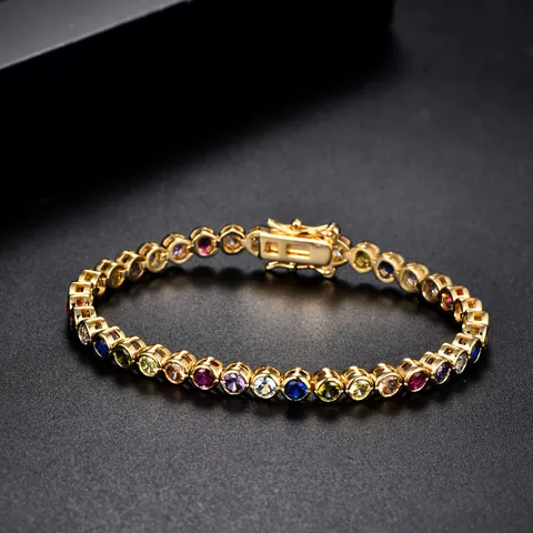 Bracciale Tennis in Zirconia Arcobaleno alla Moda Placcato Oro 18K Rame Tondo Cristallo Colorato Braccialetto per Donna Gioielli Regalo