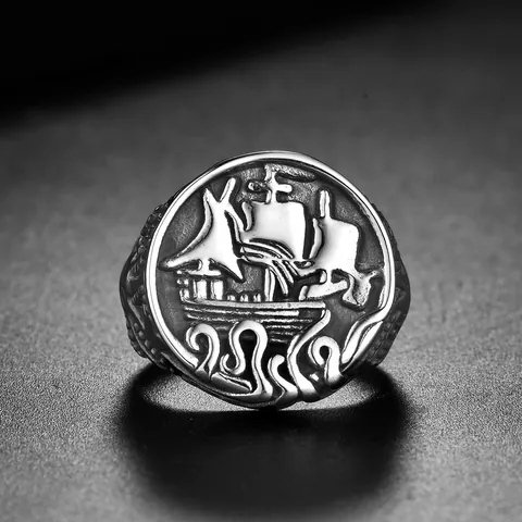 Anello con Sigillo in Acciaio Inossidabile Vintage da Uomo Nave a Vela Nautico Kraken Polpo Tentacolo Ossidato Banda