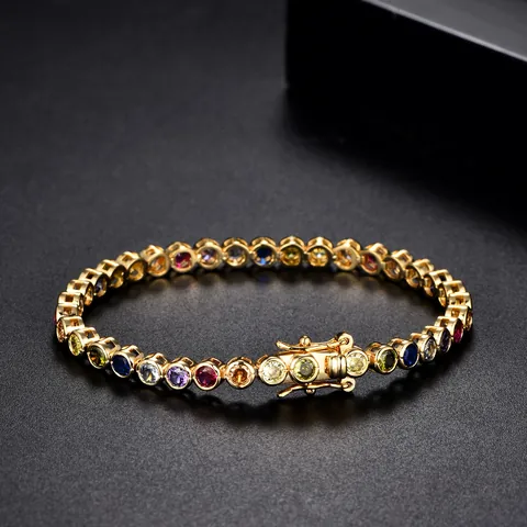 Bracciale Tennis in Zirconia Arcobaleno alla Moda Placcato Oro 18K Rame Tondo Cristallo Colorato Braccialetto per Donna Gioielli Regalo