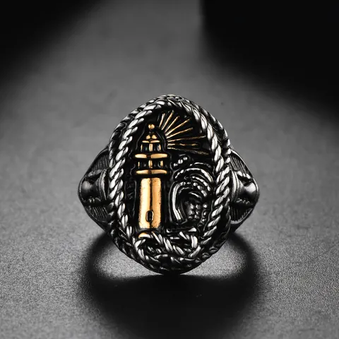 Anello Nautico da Uomo Vintage con Faro Acciaio Inossidabile Rilievo a Onde Retro Punk Gioielli Regalo