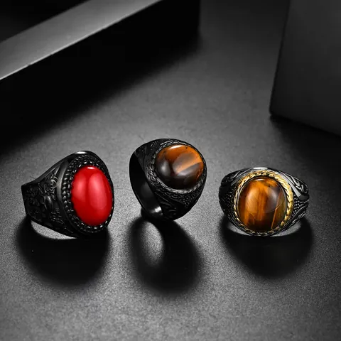 Anello da Uomo in Acciaio Inossidabile Vintage Gotico Punk Occhio di Tigre Fascia Retro Rosa Teschio Gioielli Maschili Regalo