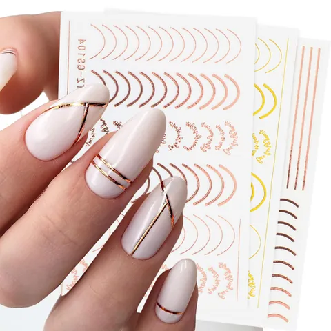Autocollants de Nail Art Métalliques 3D Lignes de Géométrie Française Lune Étoile Coeur Design Auto-Adhésif Or Rose Or Argent Blanc Décalcomanies Pour Femmes