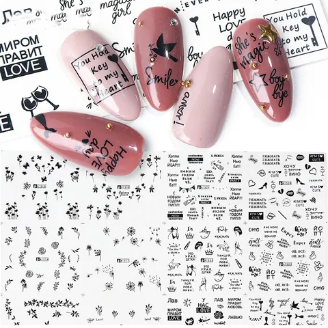 Black Flower Leaf Butterfly Letter Nail Art Stickers Set Water Transfer Decals For Women DIY Nail Decoration Manicure Tool