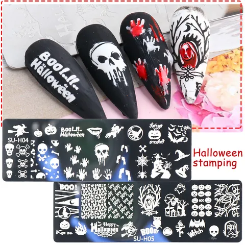 Halloween Nail Stamping Plates Stainless Steel Pumpkin Skeleton Ghost Witch Bat Patterns DIY Nail Art Decoration Tools