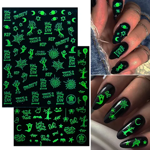 Luminous Halloween Nail Art Stickers Glow In The Dark Pumpkin Skull Ghost Spider Web 3D Self Adhesive Decals Party Decor