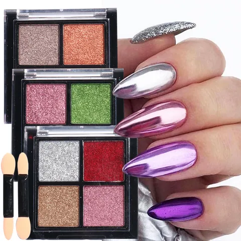 4 Kleuren Solid Magic Mirror Nagelpoeder Metallic Chrome Pigment Glitter Palette Met Sponsborstels Voor Nageldecoratie