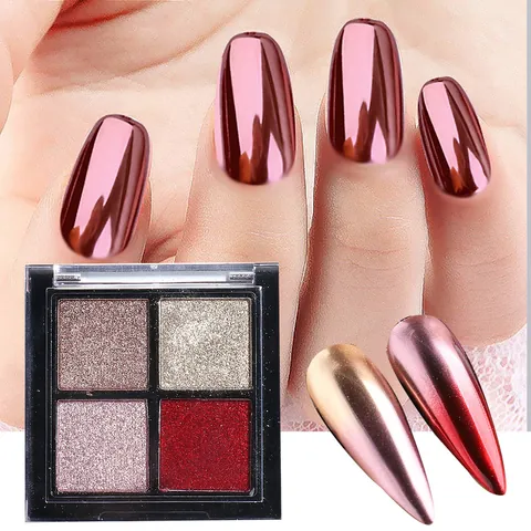 4 Kleuren Solid Magic Mirror Nagelpoeder Metallic Chrome Pigment Glitter Palette Met Sponsborstels Voor Nageldecoratie