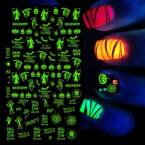 Luminous Halloween Nail Art Stickers Glow In The Dark Pumpkin Skull Ghost Spider Web 3D Self Adhesive Decals Party Decor